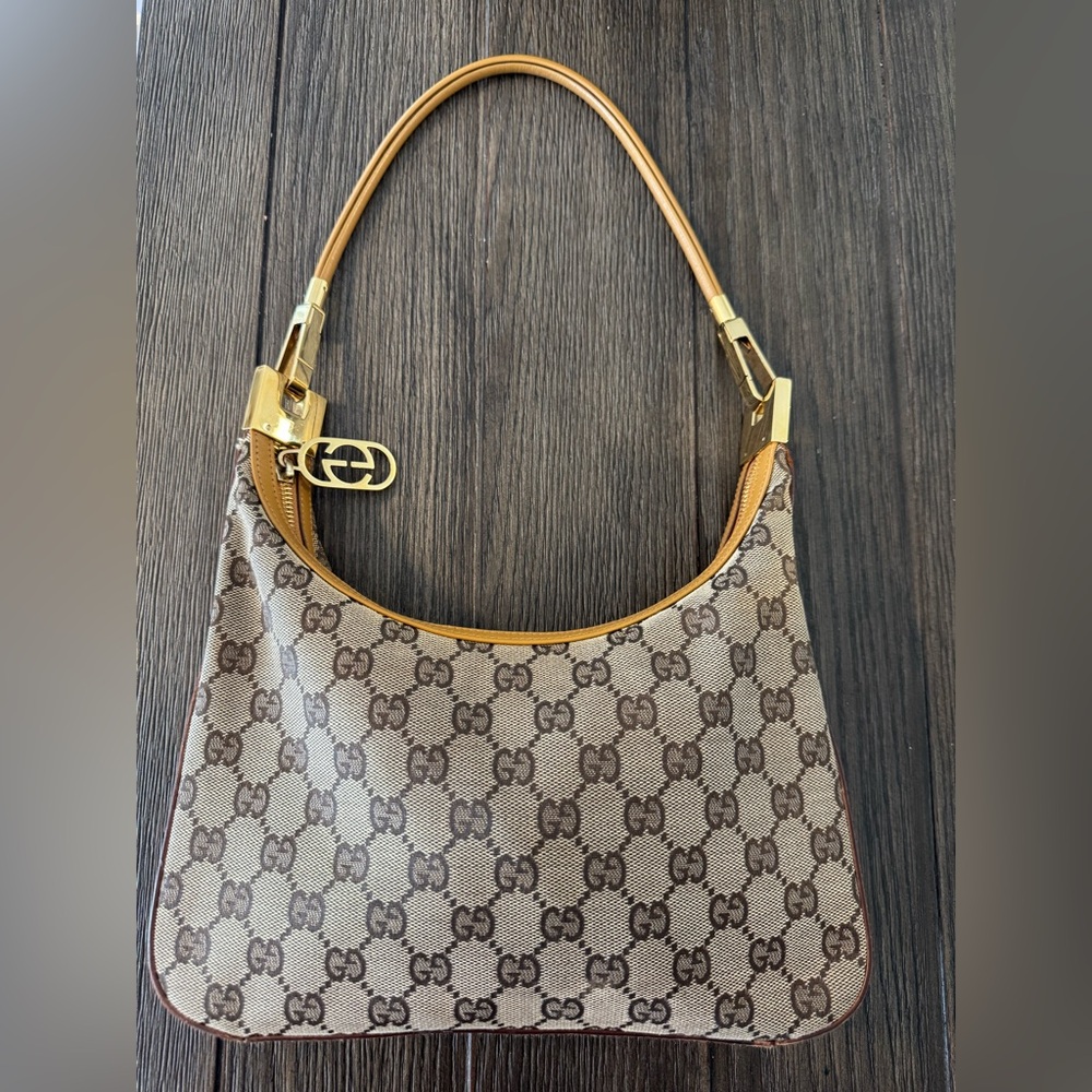 Gucci GG Canvas One Shoulder Tan and Brown Monogram Hobo Shoulder Bag